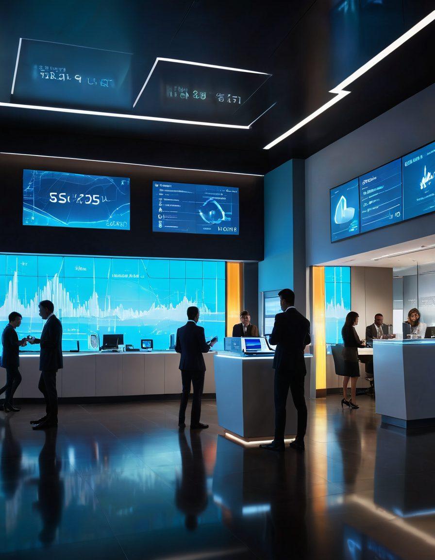 A futuristic bank branch showcasing a glowing digital interface where a diverse group of customers uses mobile devices and tablets for banking. Include holographic displays of charts and graphs indicating growth in customer satisfaction. The atmosphere should be vibrant and modern, highlighting the fusion of technology and personal service. super-realistic. vibrant colors. 3D.