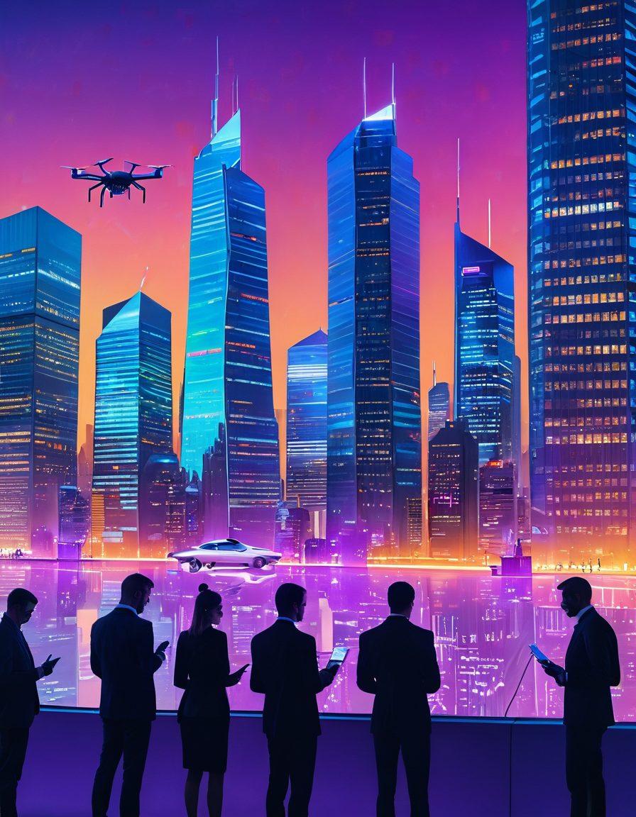 A futuristic cityscape with soaring skyscrapers, illuminated with digital screens displaying online banking interfaces. In the foreground, diverse people using various digital devices like smartphones and tablets to interact with holographic banking services. A drone delivering cash, symbolizing the evolution of finance. The skyline glimmers under a twilight sky filled with vibrant hues. high-tech, super-realistic, vibrant colors.