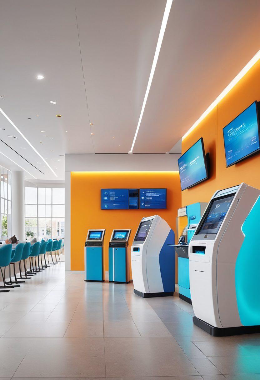 A futuristic bank branch featuring automated kiosks and robotic assistants interacting with diverse customers. Digital screens display innovative financial technology concepts, while the environment showcases sleek, modern design with bright, welcoming colors. Illustrate the seamless blend of technology and human service. super-realistic. vibrant colors. 3D.